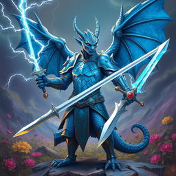 A blue dragonborn from Dungeons & Dragons 5th Edition, designed uniquely without wings, stands confidently