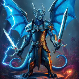A blue dragonborn from Dungeons & Dragons 5th Edition, designed uniquely without wings, stands confidently