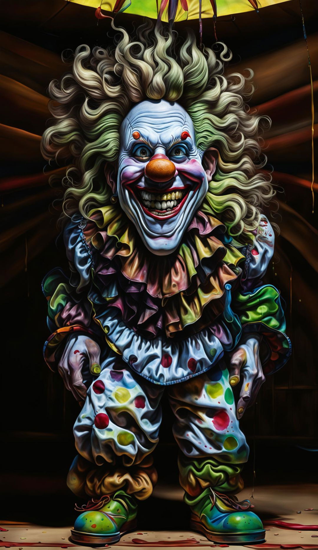 A realistic caricature of a distorted clown with exaggerated features and attire, rendered with meticulous detail and an underlying sense of unease.