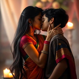 A sensual, intimate scene set in a romantic atmosphere, featuring an Indian girl with long, flowing black hair and beautifully colored traditional attire
