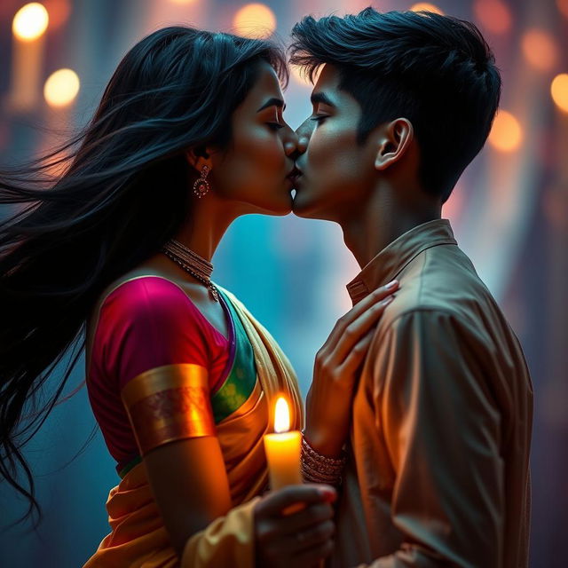 A sensual, intimate scene set in a romantic atmosphere, featuring an Indian girl with long, flowing black hair and beautifully colored traditional attire