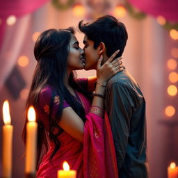 A sensual, intimate scene set in a romantic atmosphere, featuring an Indian girl with long, flowing black hair and beautifully colored traditional attire