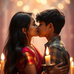 A sensual, intimate scene set in a romantic atmosphere, featuring an Indian girl with long, flowing black hair and beautifully colored traditional attire