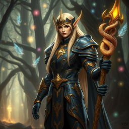 A tall, elegant blonde high elf character from a fantasy setting stands majestically, dressed in intricate heavy armor showcasing a sleek black and gold color scheme