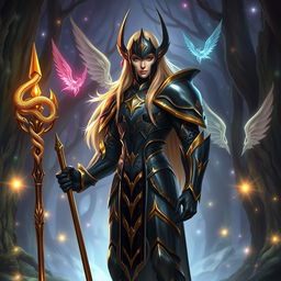 A tall, elegant blonde high elf character from a fantasy setting stands majestically, dressed in intricate heavy armor showcasing a sleek black and gold color scheme