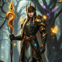 A tall, elegant blonde high elf character from a fantasy setting stands majestically, dressed in intricate heavy armor showcasing a sleek black and gold color scheme