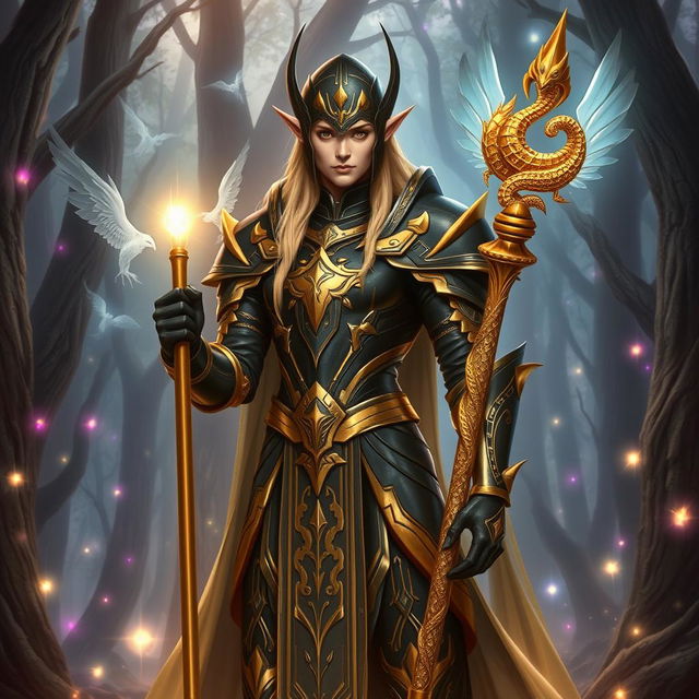 A tall, elegant blonde high elf character from a fantasy setting stands majestically, dressed in intricate heavy armor showcasing a sleek black and gold color scheme