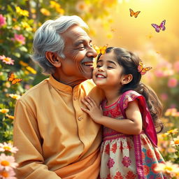 A heartwarming scene in a vibrant, warm environment depicting a joyful Indian grandfather and a young girl sharing an innocent peck on the cheek