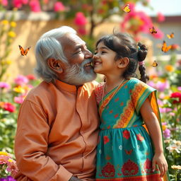 A heartwarming scene in a vibrant, warm environment depicting a joyful Indian grandfather and a young girl sharing an innocent peck on the cheek