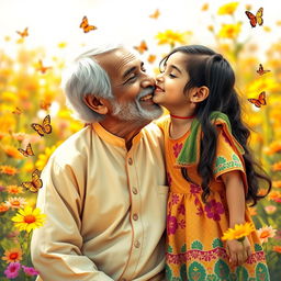 A heartwarming scene in a vibrant, warm environment depicting a joyful Indian grandfather and a young girl sharing an innocent peck on the cheek
