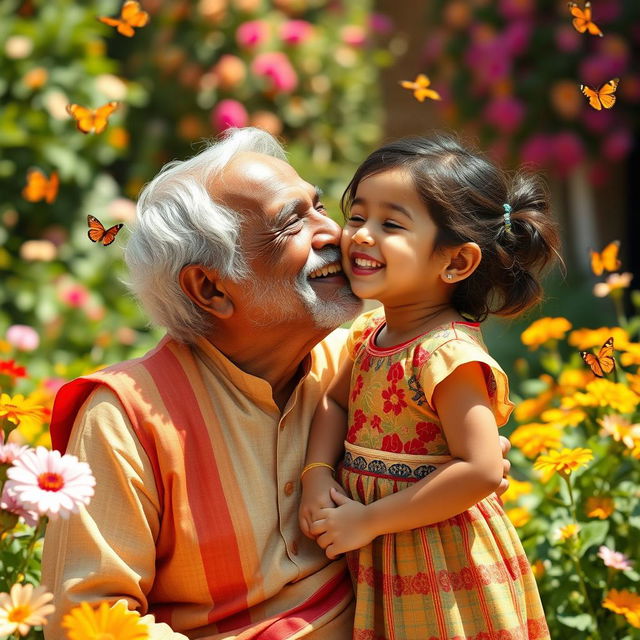 A heartwarming scene in a vibrant, warm environment depicting a joyful Indian grandfather and a young girl sharing an innocent peck on the cheek