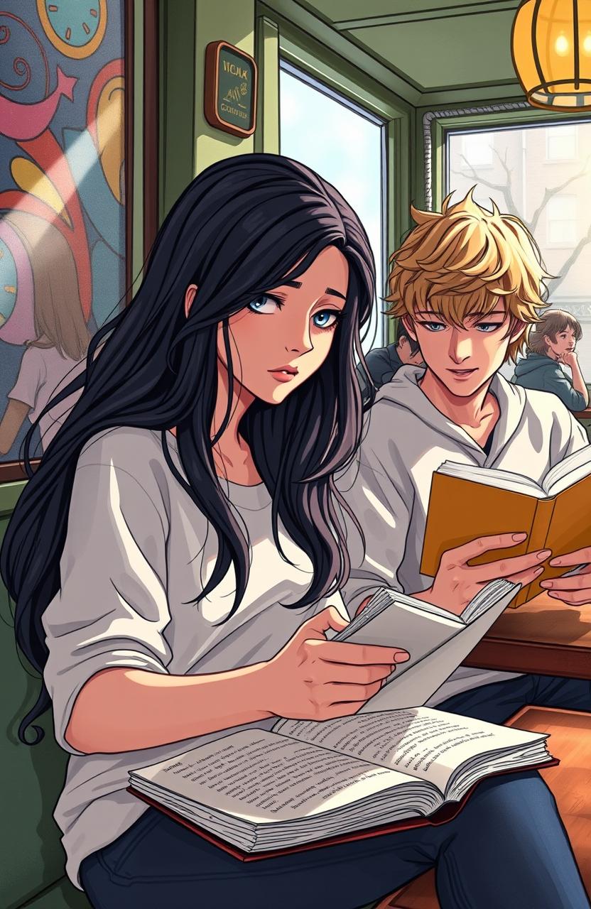 A high school girl, Lyria Wrenford, with long, flowing dark hair and striking expressive eyes, sitting in a cozy New York City café, writing poetry in her journal, a look of deep concentration mixed with concern on her face