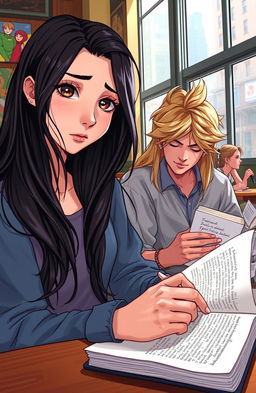 A high school girl, Lyria Wrenford, with long, flowing dark hair and striking expressive eyes, sitting in a cozy New York City café, writing poetry in her journal, a look of deep concentration mixed with concern on her face