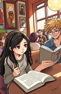 A high school girl, Lyria Wrenford, with long, flowing dark hair and striking expressive eyes, sitting in a cozy New York City café, writing poetry in her journal, a look of deep concentration mixed with concern on her face