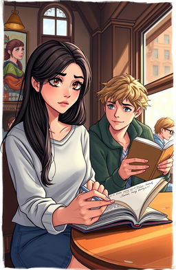 A high school girl, Lyria Wrenford, with long, flowing dark hair and striking expressive eyes, sitting in a cozy New York City café, writing poetry in her journal, a look of deep concentration mixed with concern on her face