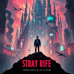 An evocative cinema poster for a dystopian futuristic city called Stray Rife, where artificial intelligence clashes with the remnants of humanity