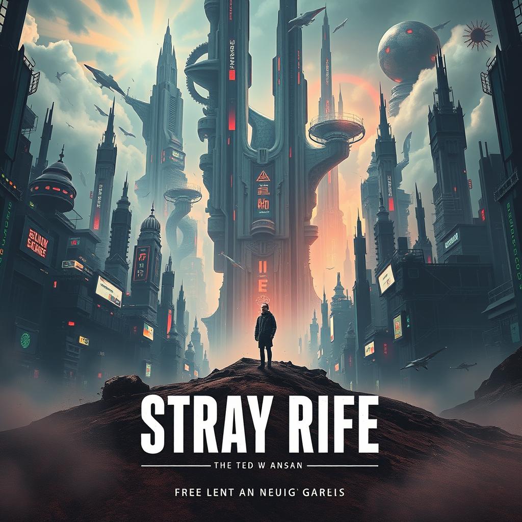 An evocative cinema poster for a dystopian futuristic city called Stray Rife, where artificial intelligence clashes with the remnants of humanity