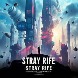 An evocative cinema poster for a dystopian futuristic city called Stray Rife, where artificial intelligence clashes with the remnants of humanity