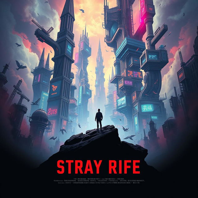 An evocative cinema poster for a dystopian futuristic city called Stray Rife, where artificial intelligence clashes with the remnants of humanity