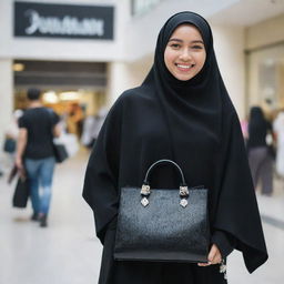 A young Indonesian woman in a black hijab and black Muslimah clothing, carrying a beautiful black bag adorned with diamond accessories, stands smiling on the edge of a shopping mall, with a backdrop of bustling shoppers.