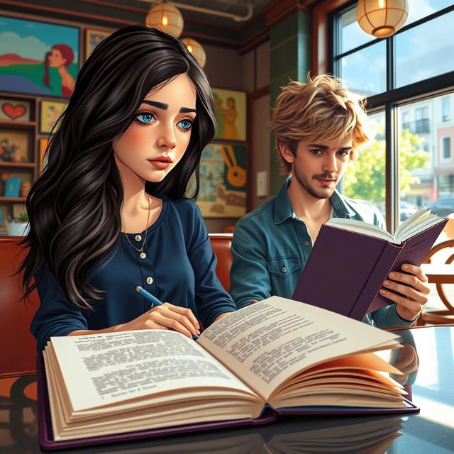 A scene featuring Lyria Wrenford, a high school girl with long, wavy dark hair and expressive eyes, sitting in a stylish New York City café, engrossed in writing poetry in her beautifully designed journal