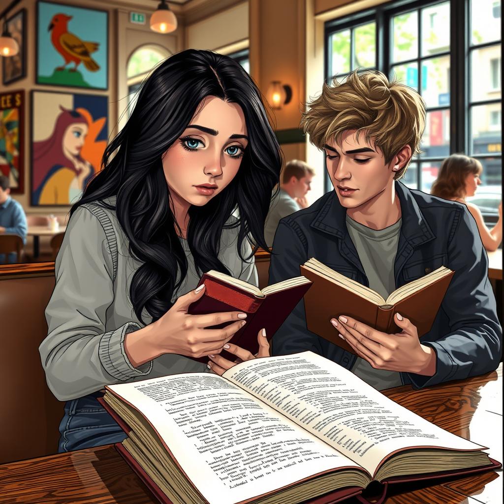 A scene featuring Lyria Wrenford, a high school girl with long, wavy dark hair and expressive eyes, sitting in a stylish New York City café, engrossed in writing poetry in her beautifully designed journal