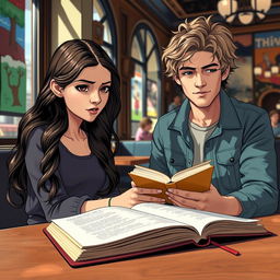 A scene featuring Lyria Wrenford, a high school girl with long, wavy dark hair and expressive eyes, sitting in a stylish New York City café, engrossed in writing poetry in her beautifully designed journal
