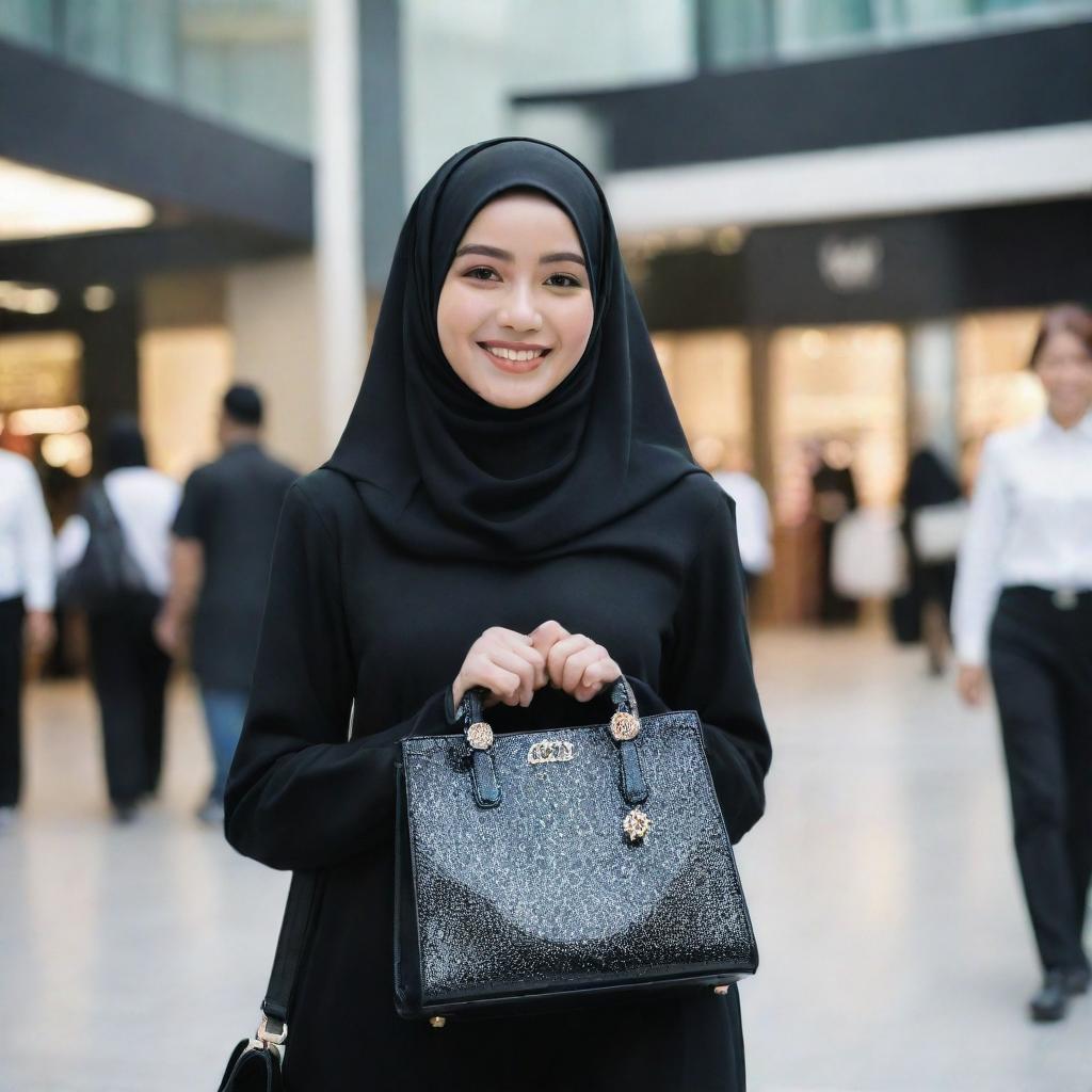 A young Indonesian woman in a black hijab and black Muslimah clothing, carrying a beautiful black bag adorned with diamond accessories, stands smiling on the edge of a shopping mall, with a backdrop of bustling shoppers.