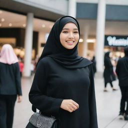 A young Indonesian woman in a black hijab and black Muslimah clothing, carrying a beautiful black bag adorned with diamond accessories, stands smiling on the edge of a shopping mall, with a backdrop of bustling shoppers.