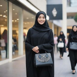 A young Indonesian woman in a black hijab and black Muslimah clothing, carrying a beautiful black bag adorned with diamond accessories, stands smiling on the edge of a shopping mall, with a backdrop of bustling shoppers.