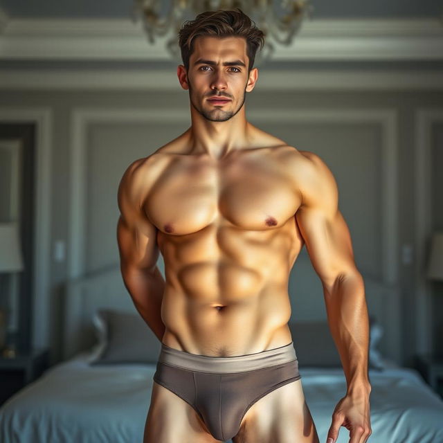 A young muscular man standing confidently, showcasing his athletic physique in snug underwear that highlights a prominent bulge