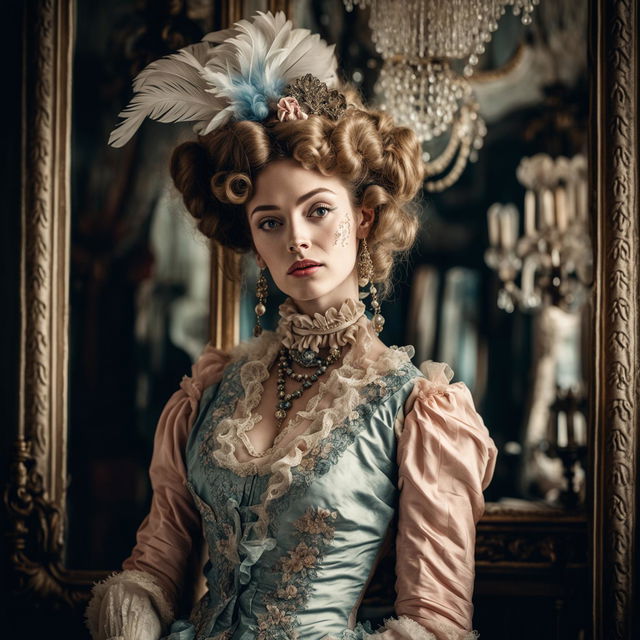 A 200mm portrait photograph capturing a woman in Rococo fashion against an opulent background.