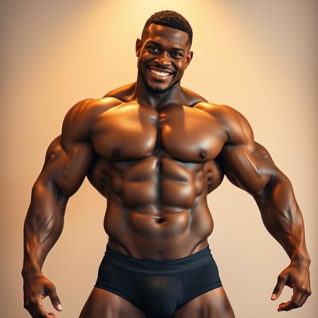 A muscular young black man confidently showcasing his physique in form-fitting underwear that accentuates his strong build and large bulge