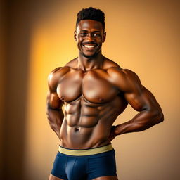 A muscular young black man confidently showcasing his physique in form-fitting underwear that accentuates his strong build and large bulge