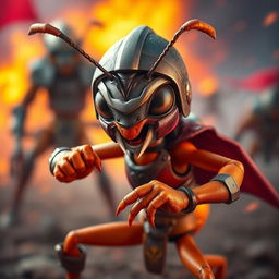 A fierce fighter ant in an action-packed pose, dressed in a tiny warrior outfit complete with a helmet and armor, showcasing its strong mandibles and determined expression