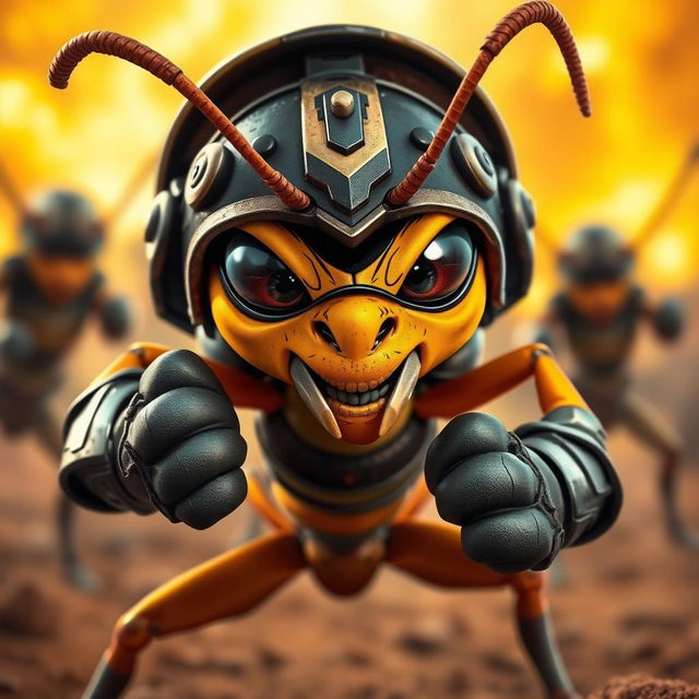 A fierce fighter ant in an action-packed pose, dressed in a tiny warrior outfit complete with a helmet and armor, showcasing its strong mandibles and determined expression