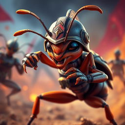 A fierce fighter ant in an action-packed pose, dressed in a tiny warrior outfit complete with a helmet and armor, showcasing its strong mandibles and determined expression