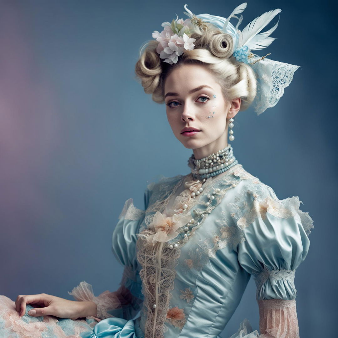 A 200mm portrait photograph of a woman in Rococo fashion against a pastel minimalist background with floating particles.