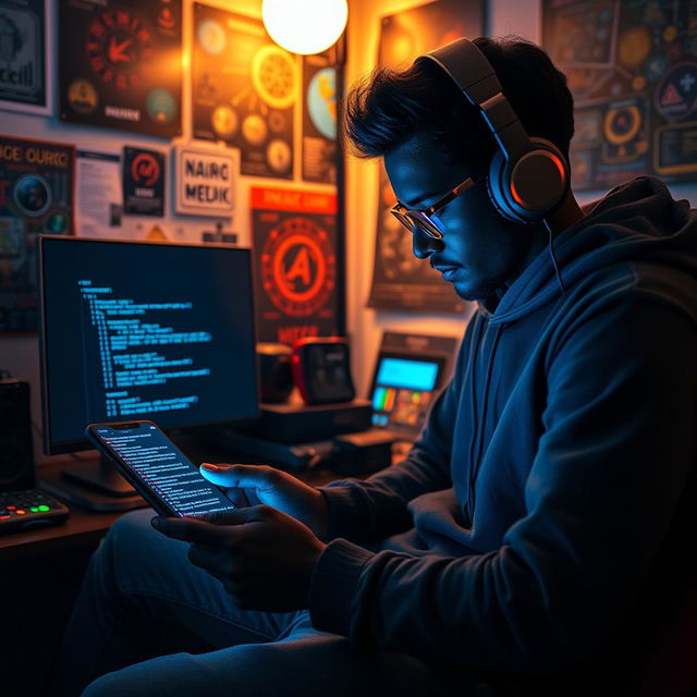 An engaging depiction of a black hacker working on a Termux session on their smartphone, sitting in a cozy, tech-filled room