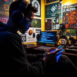 An engaging depiction of a black hacker working on a Termux session on their smartphone, sitting in a cozy, tech-filled room