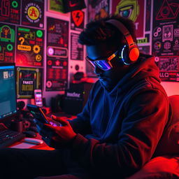 An engaging depiction of a black hacker working on a Termux session on their smartphone, sitting in a cozy, tech-filled room
