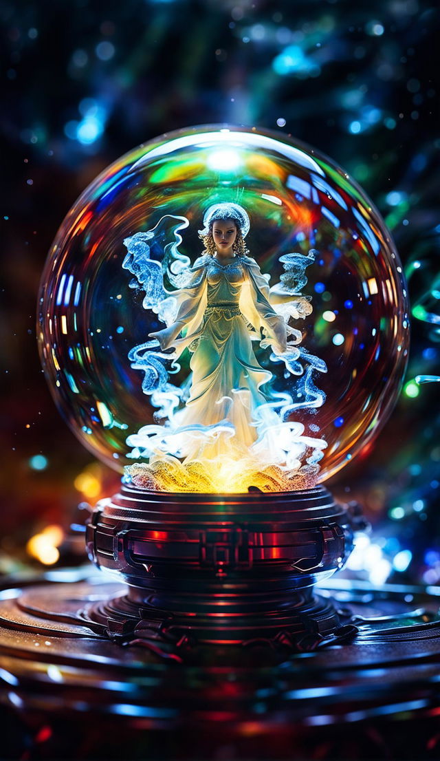 A pristine glass orb containing a benevolent spirit made up of luminescent particles that illuminate its interior. The background is blurred with cool tones contrasting with the warm glow from within the orb.