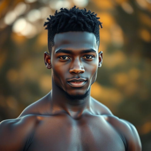 A striking portrait of a young black man with a confident and proud expression, celebrating body positivity and empowerment