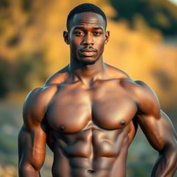 A striking portrait of a young black man with a confident and proud expression, celebrating body positivity and empowerment