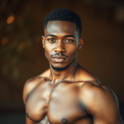 A striking portrait of a young black man with a confident and proud expression, celebrating body positivity and empowerment