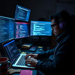 A skilled hacker using Termux on a laptop in a dimly lit room, surrounded by multiple monitors displaying code and network graphs