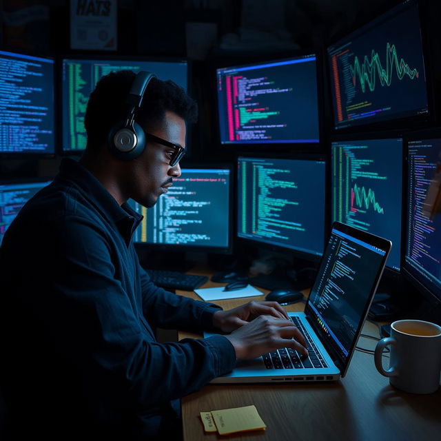 A skilled hacker using Termux on a laptop in a dimly lit room, surrounded by multiple monitors displaying code and network graphs