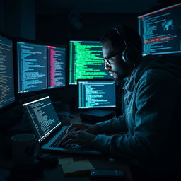 A skilled hacker using Termux on a laptop in a dimly lit room, surrounded by multiple monitors displaying code and network graphs