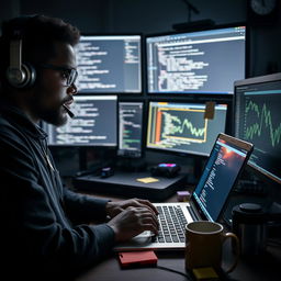A skilled hacker using Termux on a laptop in a dimly lit room, surrounded by multiple monitors displaying code and network graphs