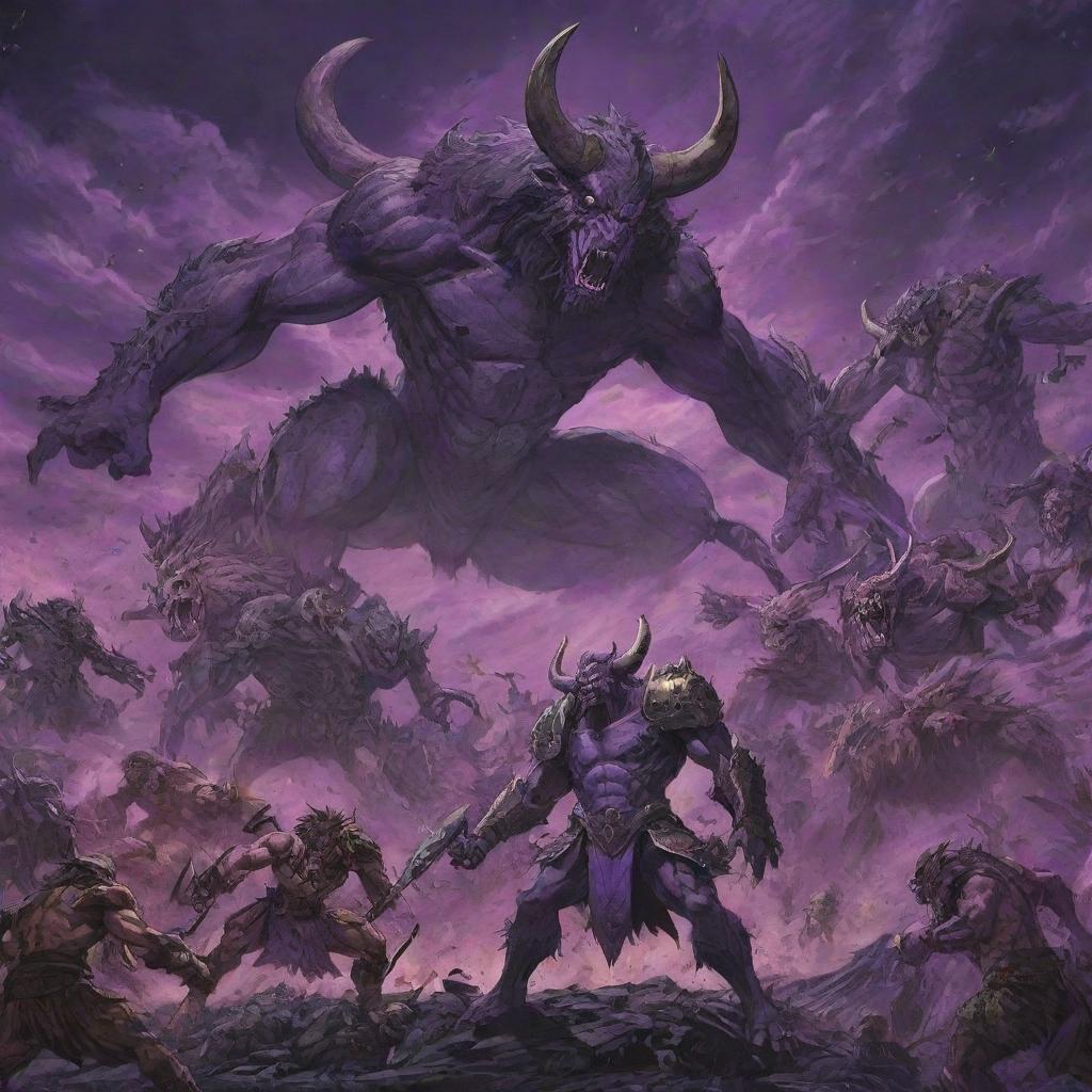 In a shonen anime style with black outlines, depict a detailed battle scene at night under a purple sky. There's an intense war between beastmen with animal characteristics and futuristic humans, surrounded by scenes of destruction.